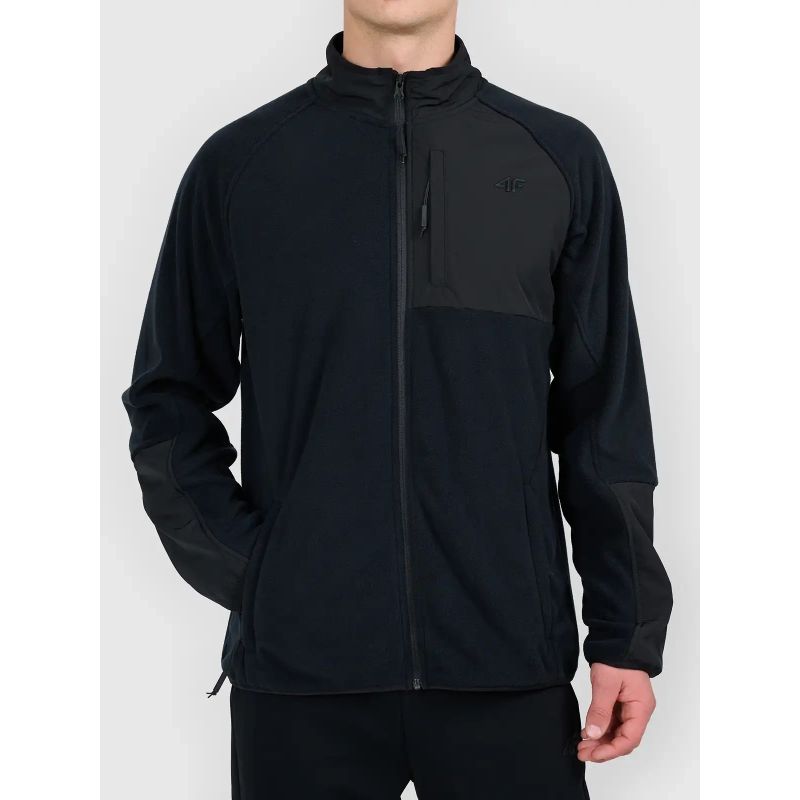 4F fleece with a stand-up collar and a softshell panel férfi polár pulóver