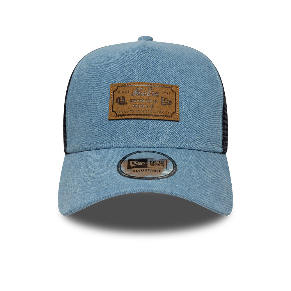 New Era Leather Patch Denim Navy 9FORTY A-Frame Trucker sapka