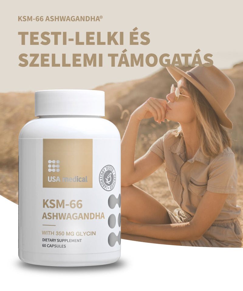 UsaMedical Ashwagandha® KSM66 kapszula glicinnel 60 db