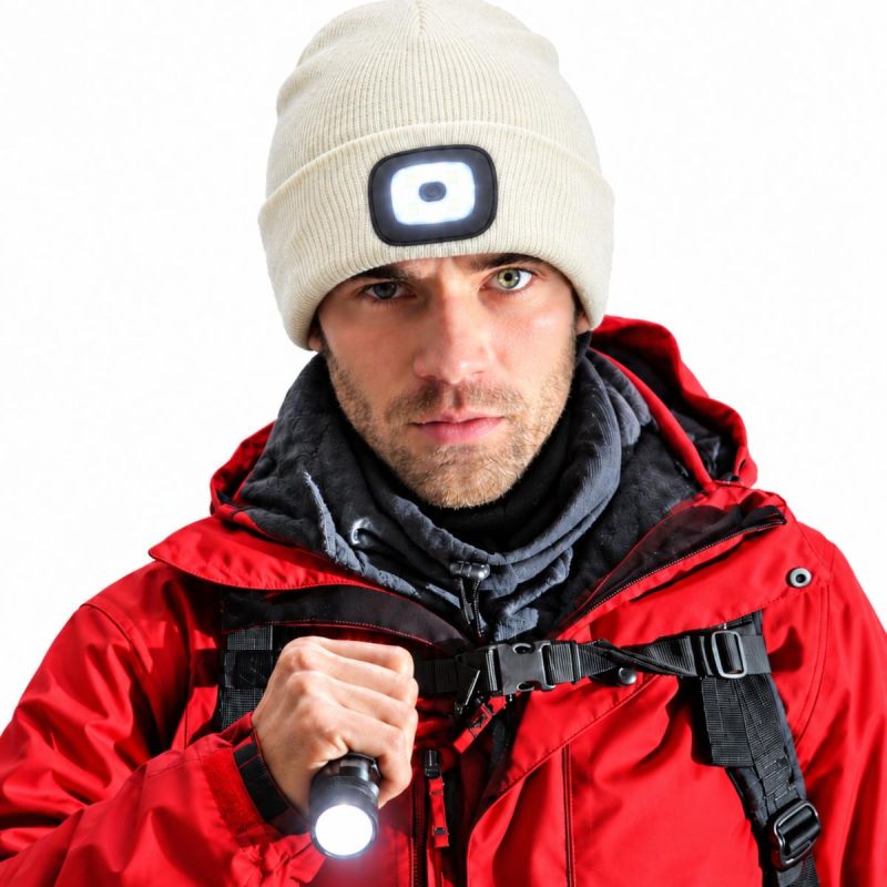 head Beanie With 4-Led Headlamp, 120 Lm, 3 Modes, For Outdoor Activities fehér kötött sapka GSP-1088228