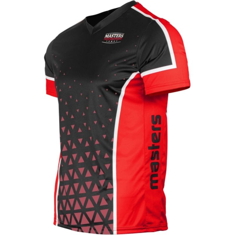 MASTERS FIGHT EQUIPMENT MASTERS "COMBAT JUNIOR" V-neck point-fighting shirt, black and red (WAKO APPROVED) piros gyerek póló 04338-CJ0102-140