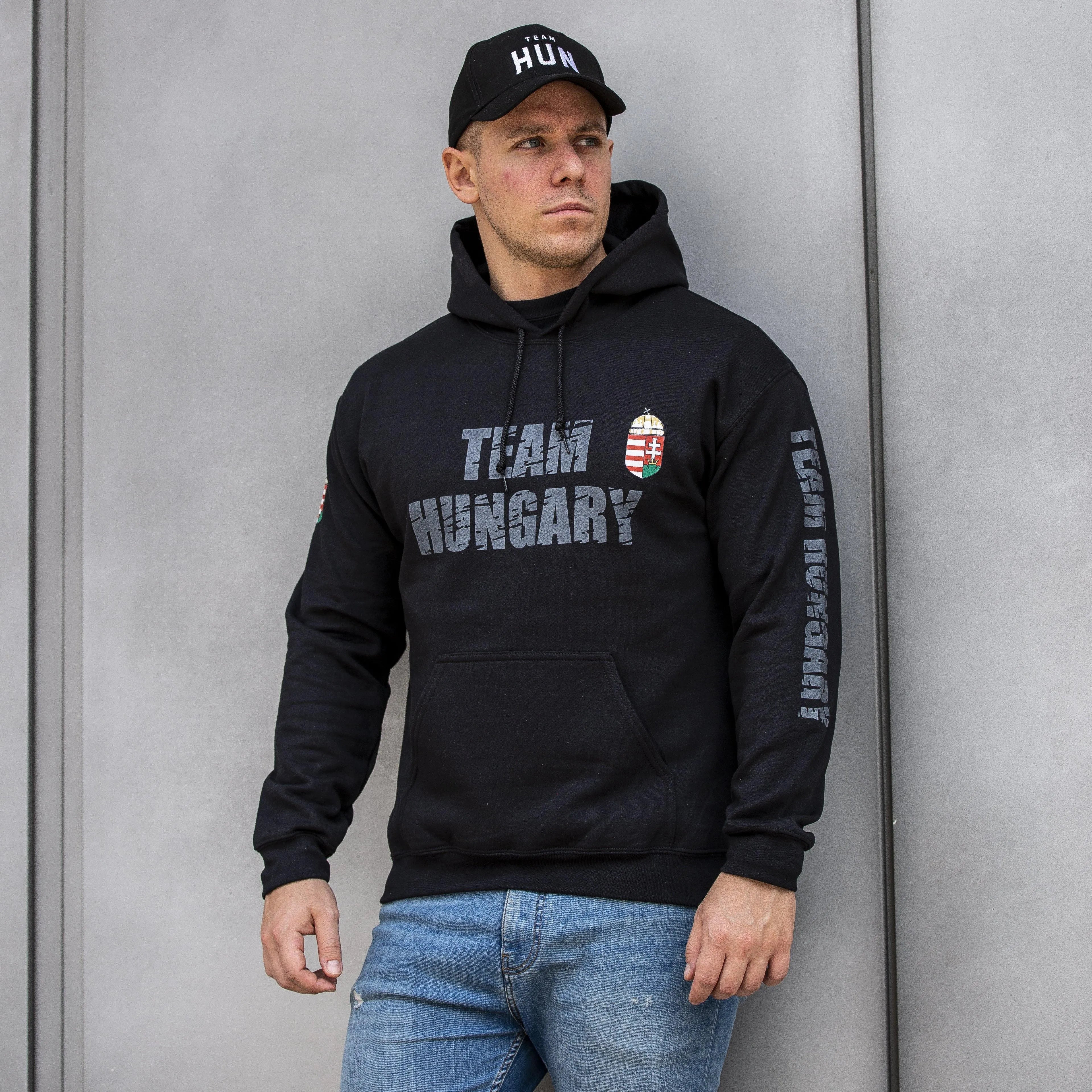 Msport Magyar Címeres férfi Kapucnis Pulóver - Fekete Hungary Felirattal