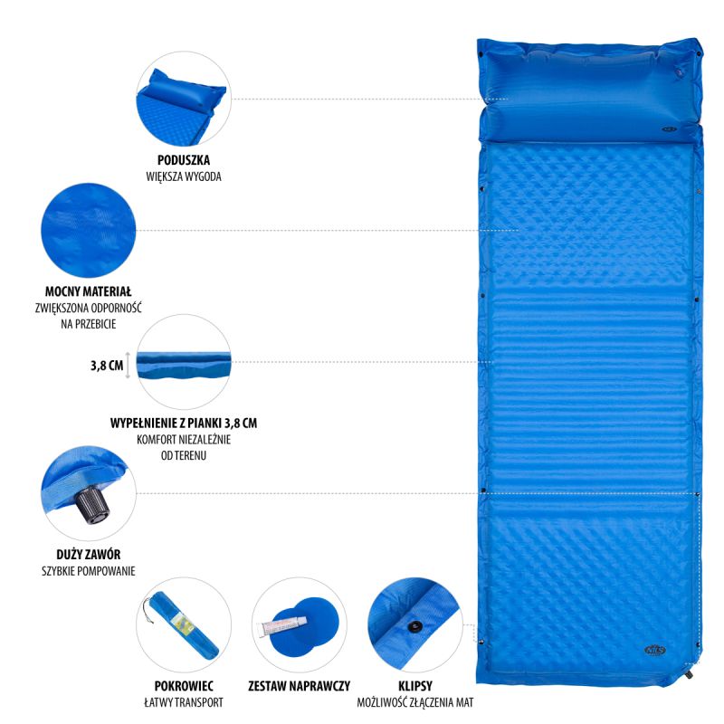 NILS CAMP NC4001 self-inflating mat with pillow, blue - 3.8 cm