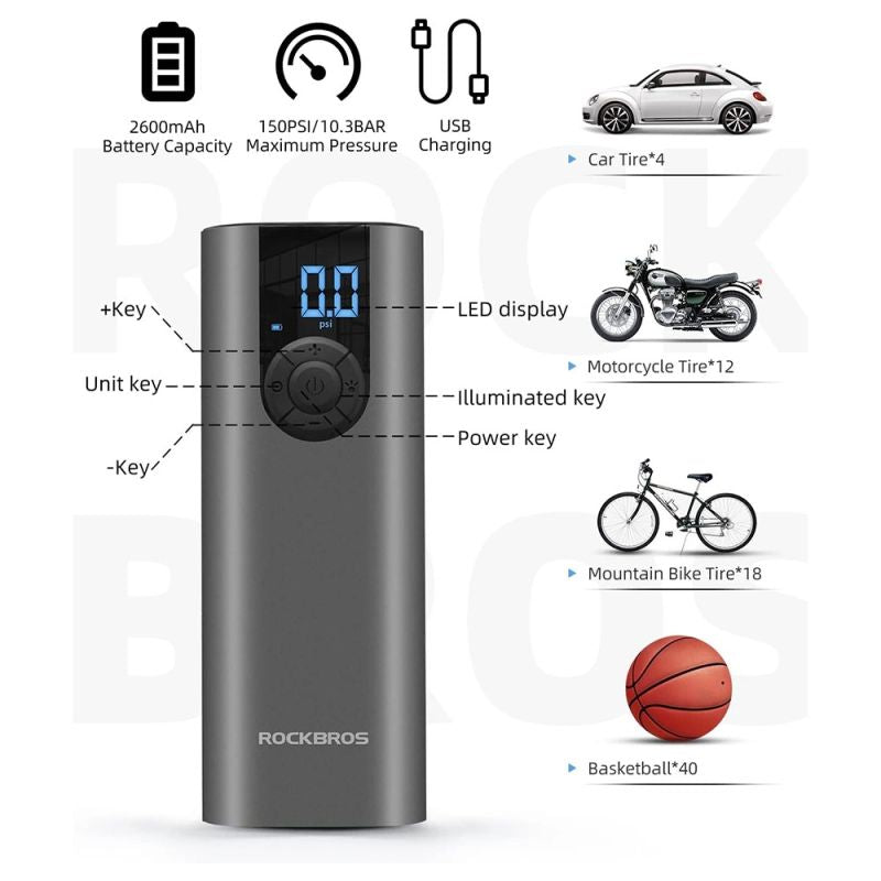 Rockbros 42720001001 Electric Bike Pump with LED Display + USB-C - USB-A Cable - Black fekete pumps