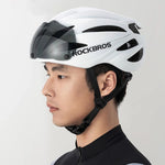 Rockbros Bike Helmet with Visor, Detachable UV Goggles, Unisex, Glossy - White biały helmets, glasses, training equipment