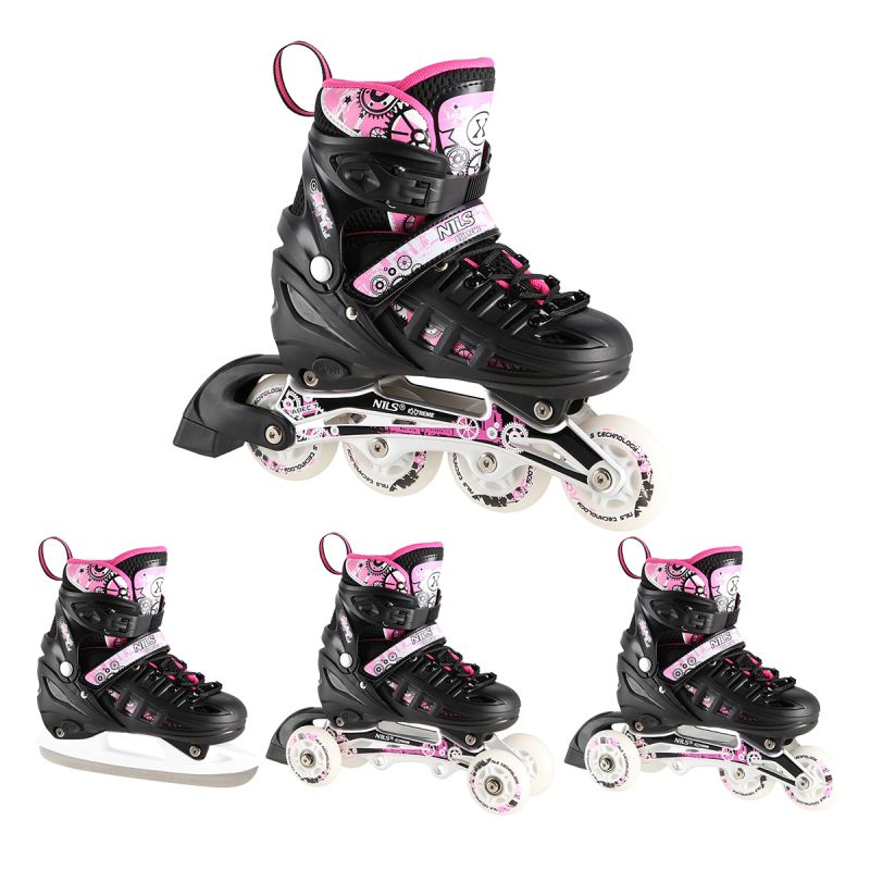 NH10905 4in1 PINK LED SIZE S(31-34) ROLLER SKATES WITH DIMENSIONAL HOCKEY BLADE NILS EXTREME rózsaszín sípcsontvédő