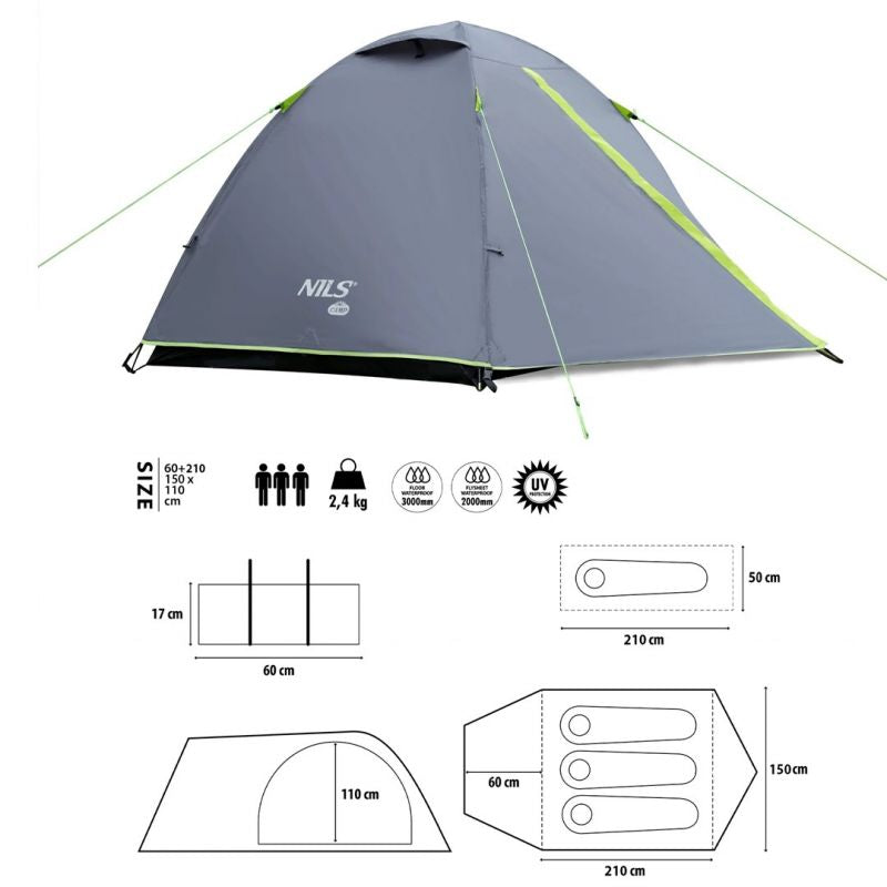 NILS CAMP Explorer NC6004 3-person camping tent, gray szürke hátizsák