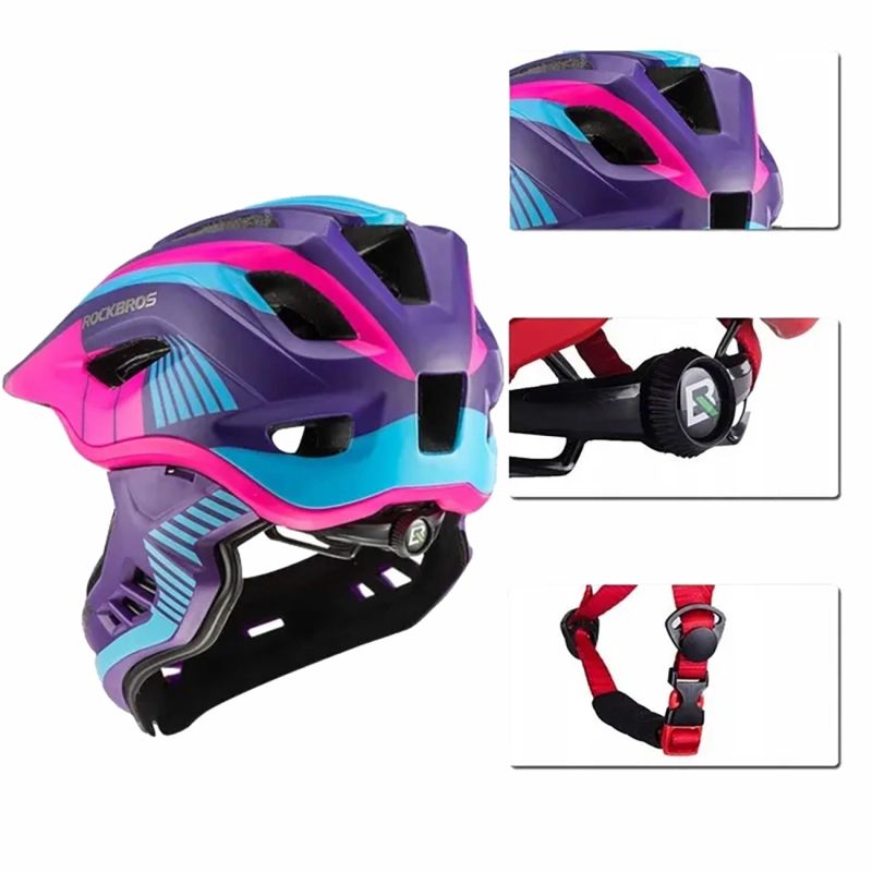 Rockbros TT- children's bicycle helmet with detachable chinbar, size S - purple-pink s \ różowy || fioletowy helmets, martial arts equipment