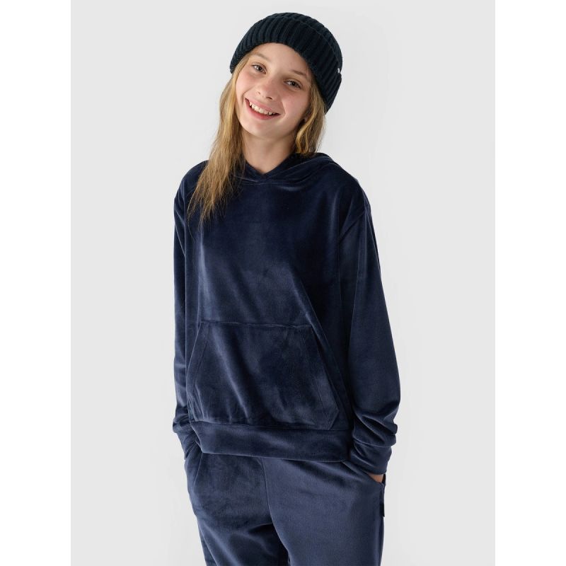 Girls' velour sweatshirt with hood, unzipped, 4F 4FJWAW24TSWSF1216-31S kapucnis pulóver