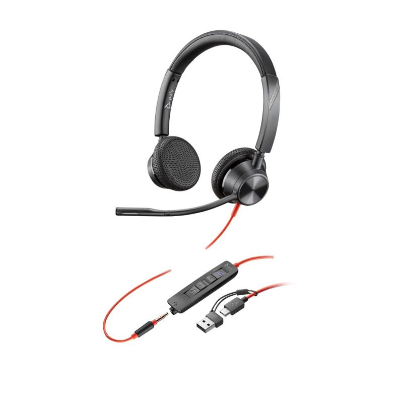 HP Poly Blackwire 3325 USB-C Stereo Headset Microsoft Teams Certified + 3.5mm Plug + USB-C/A Adapter