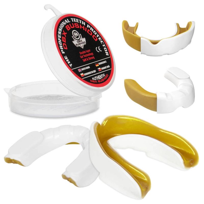 DBX Bushido Gel Mouthguard + Box - White and Gold | GelTech arany protectors and knee pads
