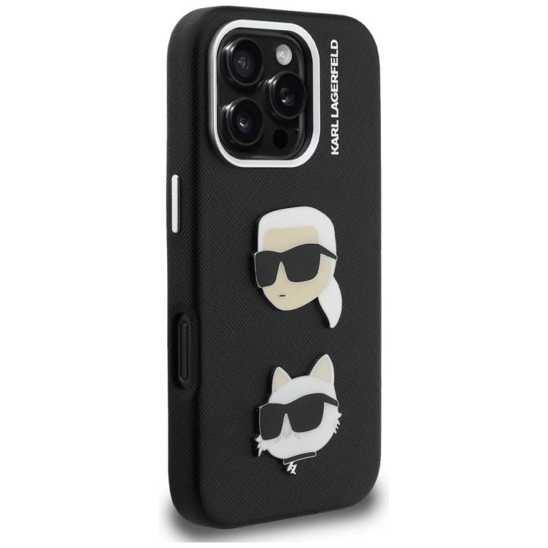 Karl Lagerfeld FW Grained Karl & Choupette Heads Pins Case for iPhone 16 Pro Max - fekete telefontok
