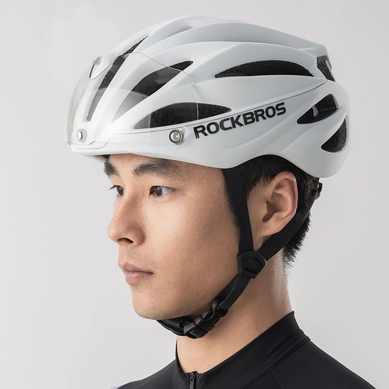 Rockbros Bike Helmet with Visor, Detachable UV Protective Goggles, Unisex, Matte - White biały helmets, glasses, training equipment