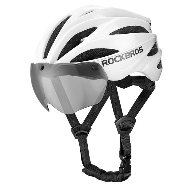 Rockbros Bike Helmet with Visor, Detachable UV Protective Goggles, Unisex, Matte - White biały helmets, glasses, training equipment