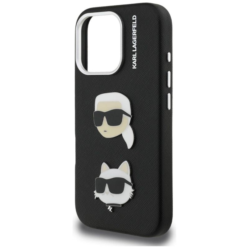 Karl Lagerfeld FW Grained Karl & Choupette Heads Pins Case for iPhone 16 Pro Max - fekete telefontok
