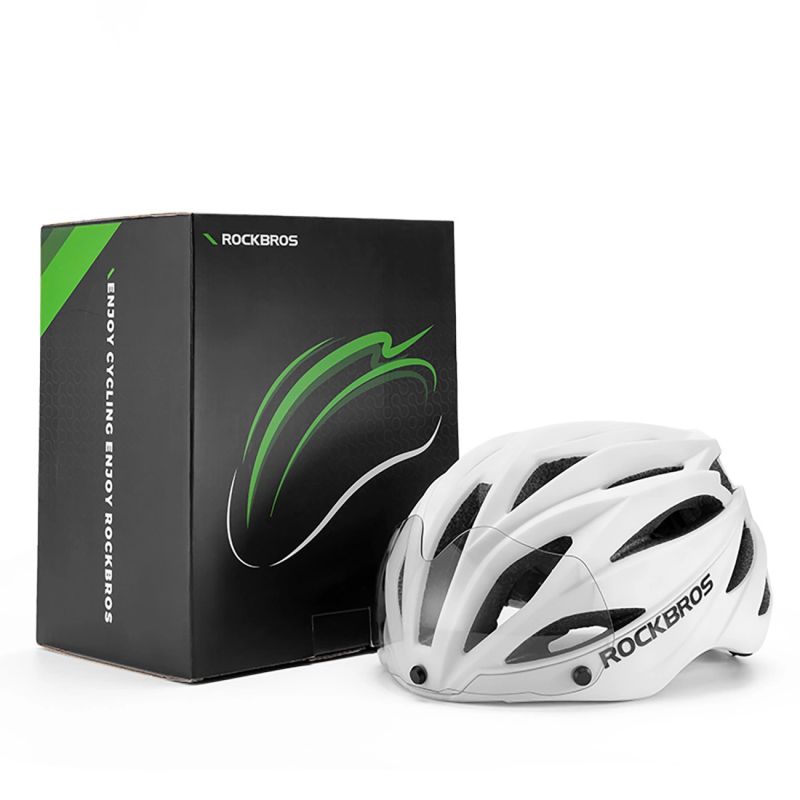 Rockbros Bike Helmet with Visor, Detachable UV Goggles, Unisex, Glossy - White biały helmets, glasses, training equipment