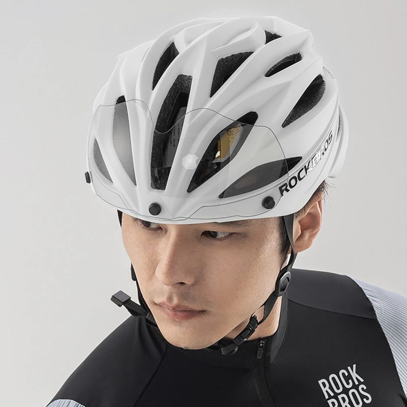 Rockbros Bike Helmet with Visor, Detachable UV Protective Goggles, Unisex, Matte - White biały helmets, glasses, training equipment