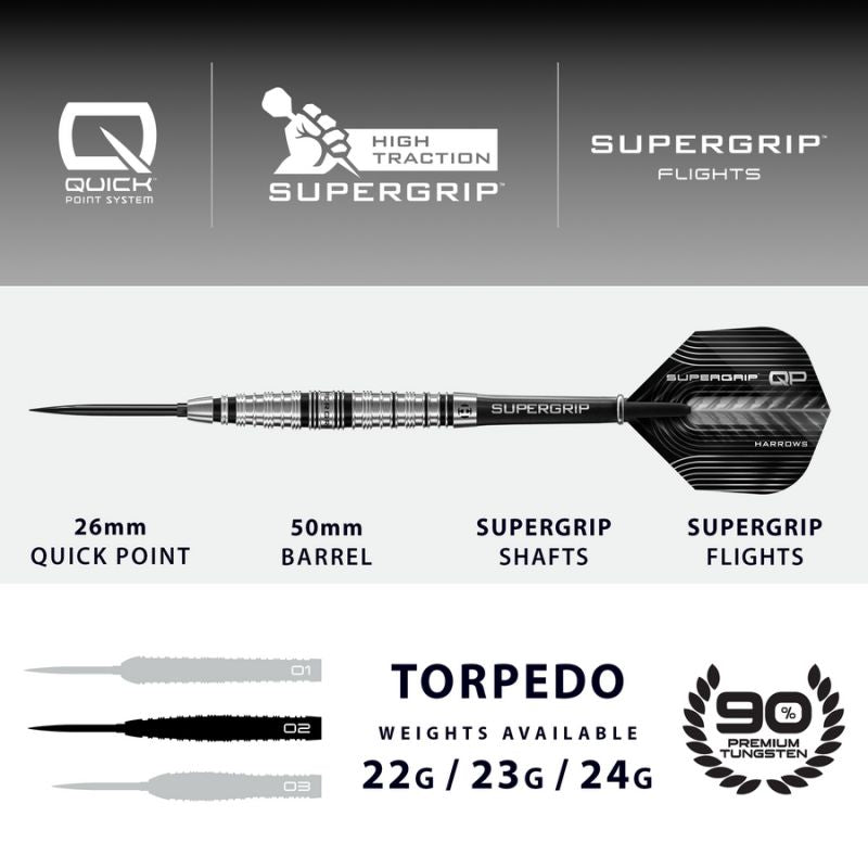 Harrows SUPERGRIP QP TORPEDO 90% steeltip darts dart felszerelés