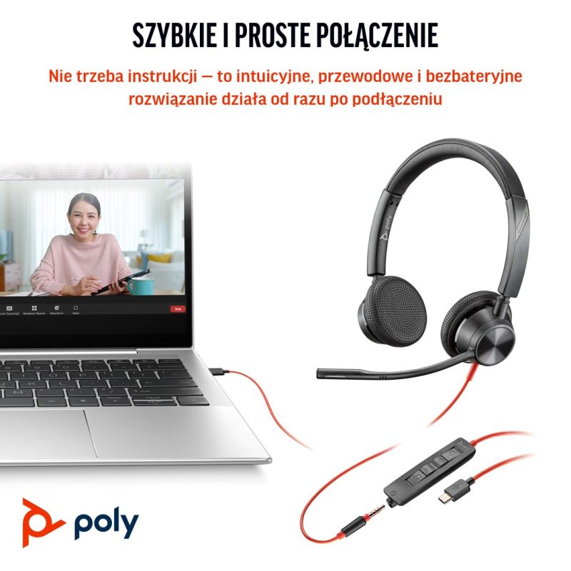 HP Poly Blackwire 3325 USB-C Stereo Headset Microsoft Teams Certified + 3.5mm Plug + USB-C/A Adapter