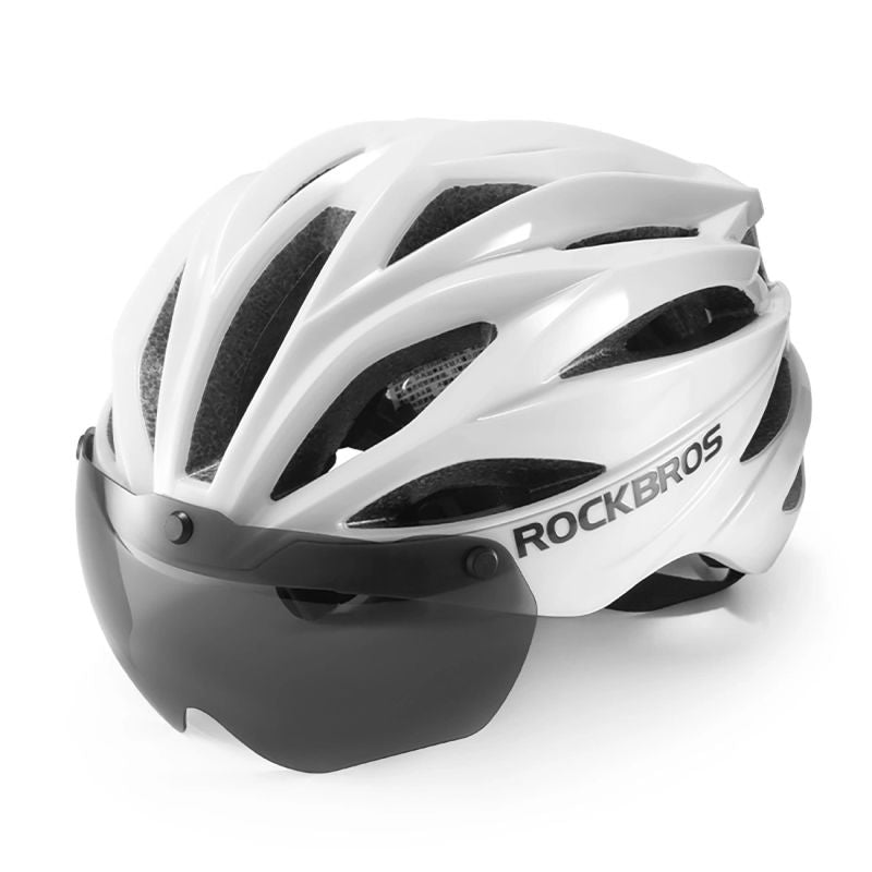 Rockbros Bike Helmet with Visor, Detachable UV Goggles, Unisex, Glossy - White biały helmets, glasses, training equipment