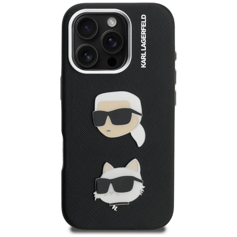 Karl Lagerfeld FW Grained Karl & Choupette Heads Pins Case for iPhone 16 Pro Max - fekete telefontok