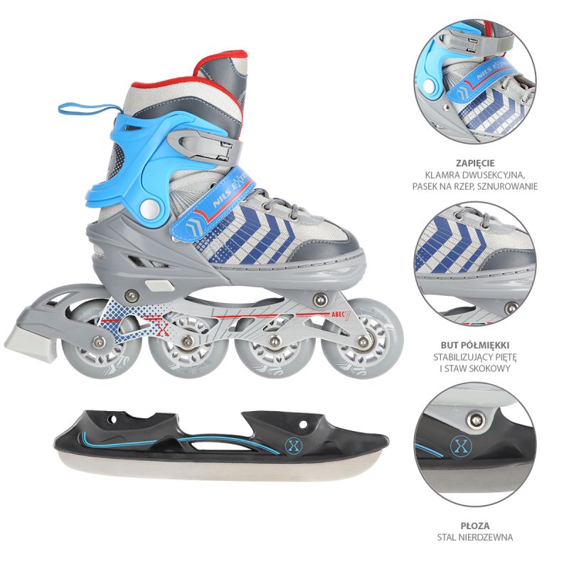 NH18192 4in1 GREY-BLUE SIZE M(34-38) ROLLER SKATES WITH HOCKEY SLEEVE NILS EXTREME kék póló