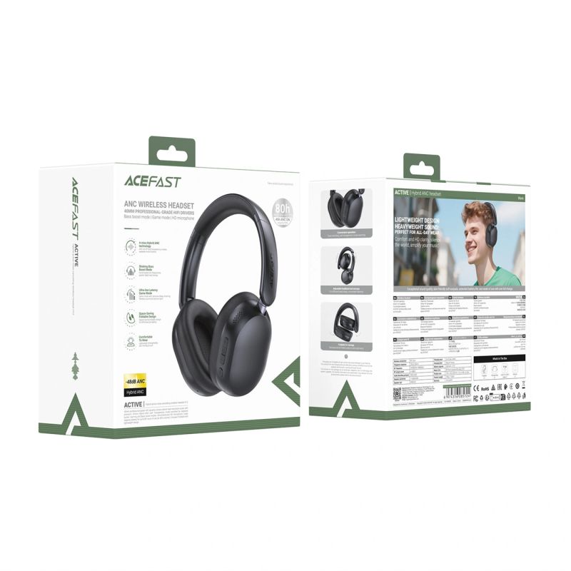 head Acefast H12 Wireless On-Ear Bluetooth 5.4 Headphones with ANC - Black fekete headsets