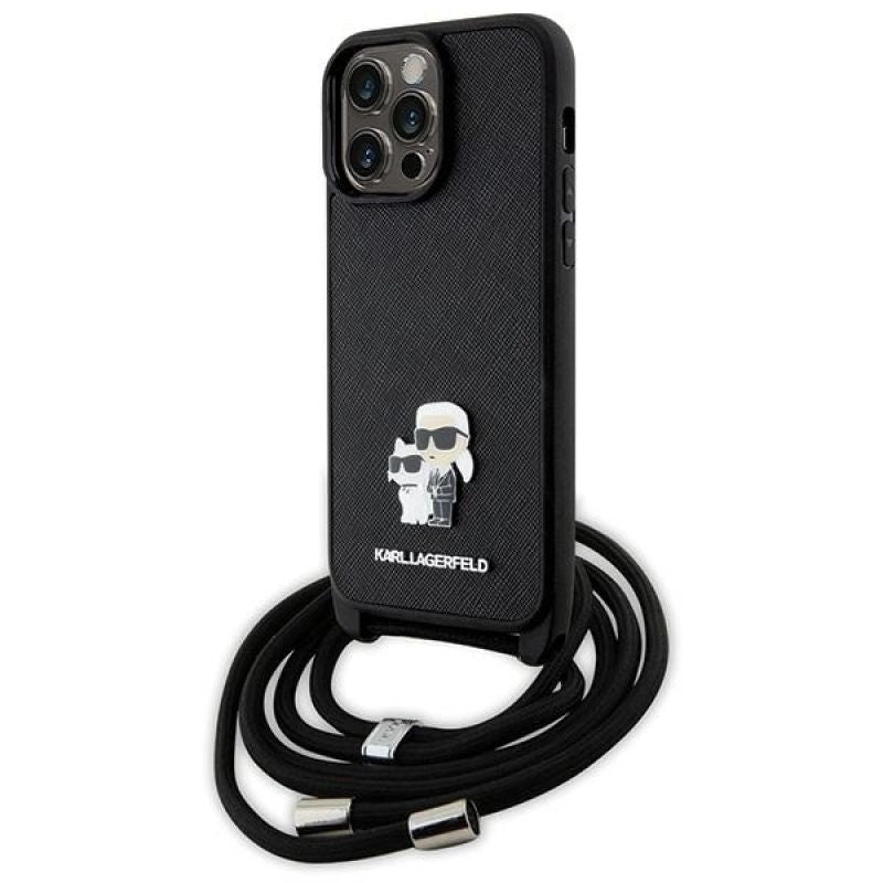 Karl Lagerfeld KLHCP14XSAKCPSK case for iPhone 14 Pro Max 6.7" hardcase - Crossbody Saffiano Metal Pin Karl&Choupette fekete pénztárca
