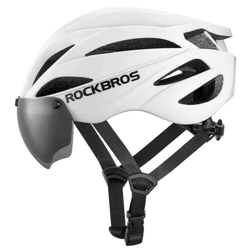 Rockbros Bike Helmet with Visor, Detachable UV Protective Goggles, Unisex, Matte - White biały helmets, glasses, training equipment