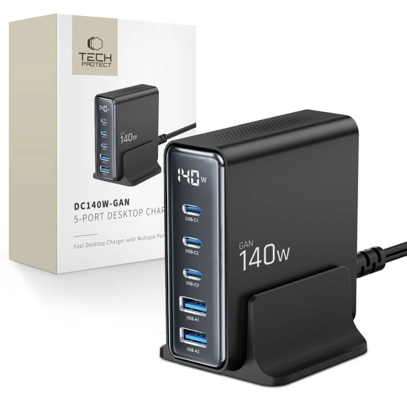 Tech-Protect DC140W-GAN 5-PORT PD140W/QC3.0 Charging Station - fekete phone chargers